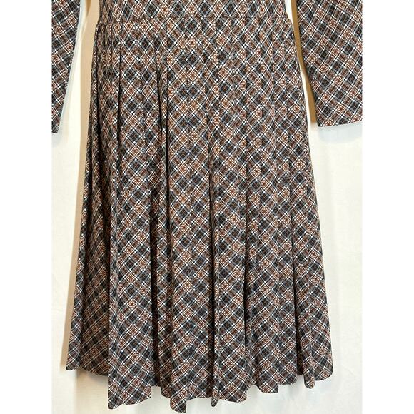 Vintage SAKS FIFTH AVENUE Dress S Brown Plaid Pleated Quite Luxury Couture - Picture 4 of 15
